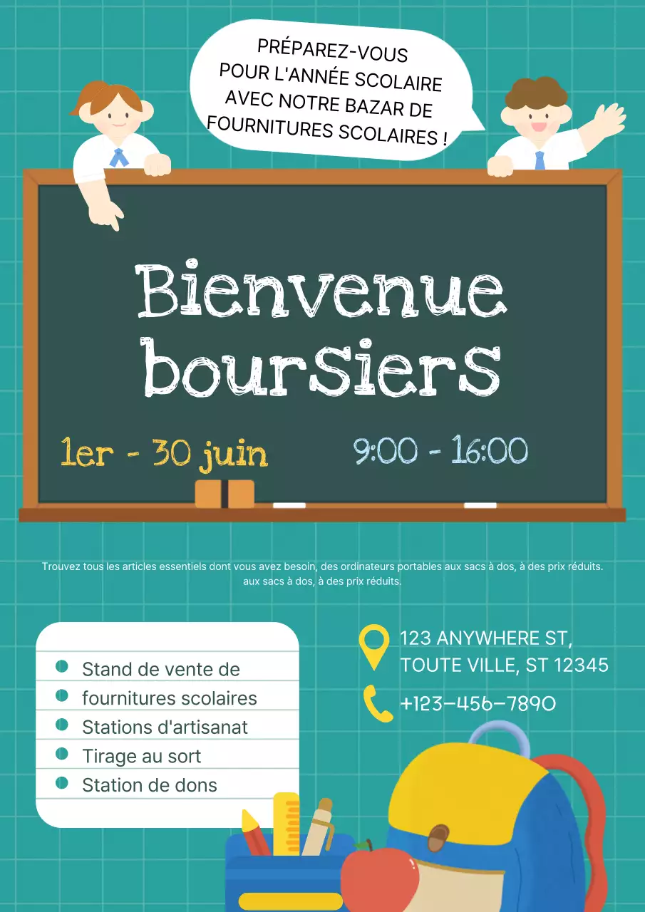 Promotion du bazar de la rentrée des classes en dessin animé vert et jaune