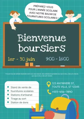 Promotion du bazar de la rentrée des classes en dessin animé vert et jaune