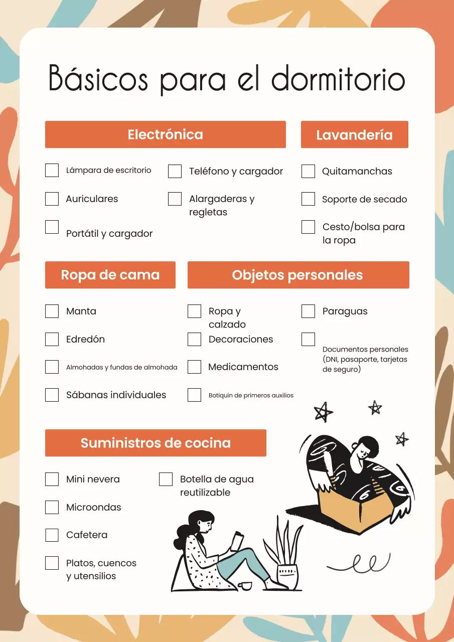 Lista de control naranja y beige para la mudanza a la Universidad Moderna