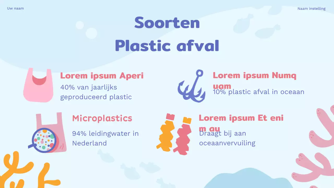 Hemelsblauw en paars natuurlijk plastic afval studiemateriaal