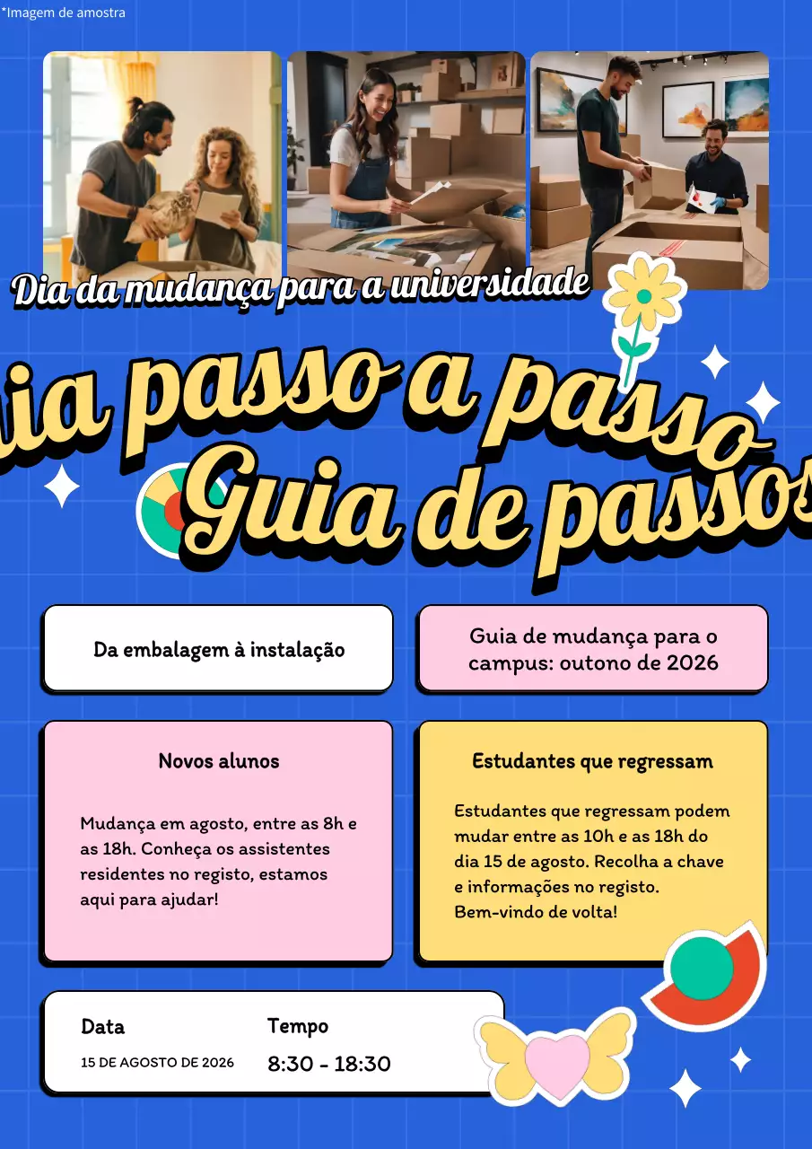Guia do dia da mudança para a Universidade Moderna Azul e Amarela