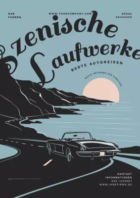 Blau und Schwarz Vintage Scenic Drives Road Trip Promotion