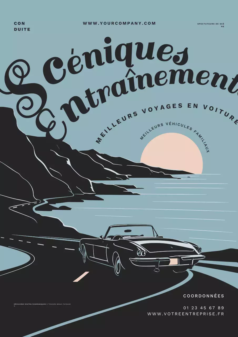 Promotion d'un voyage en voiture sur les routes panoramiques en bleu et noir