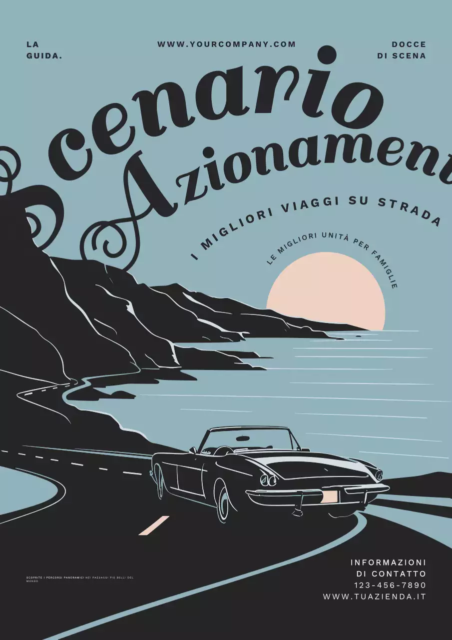 Promozione viaggio in auto blu e nero Vintage Scenic Drives
