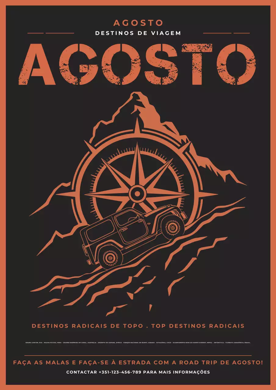 Folheto de viagem offroad em laranja e preto em negrito