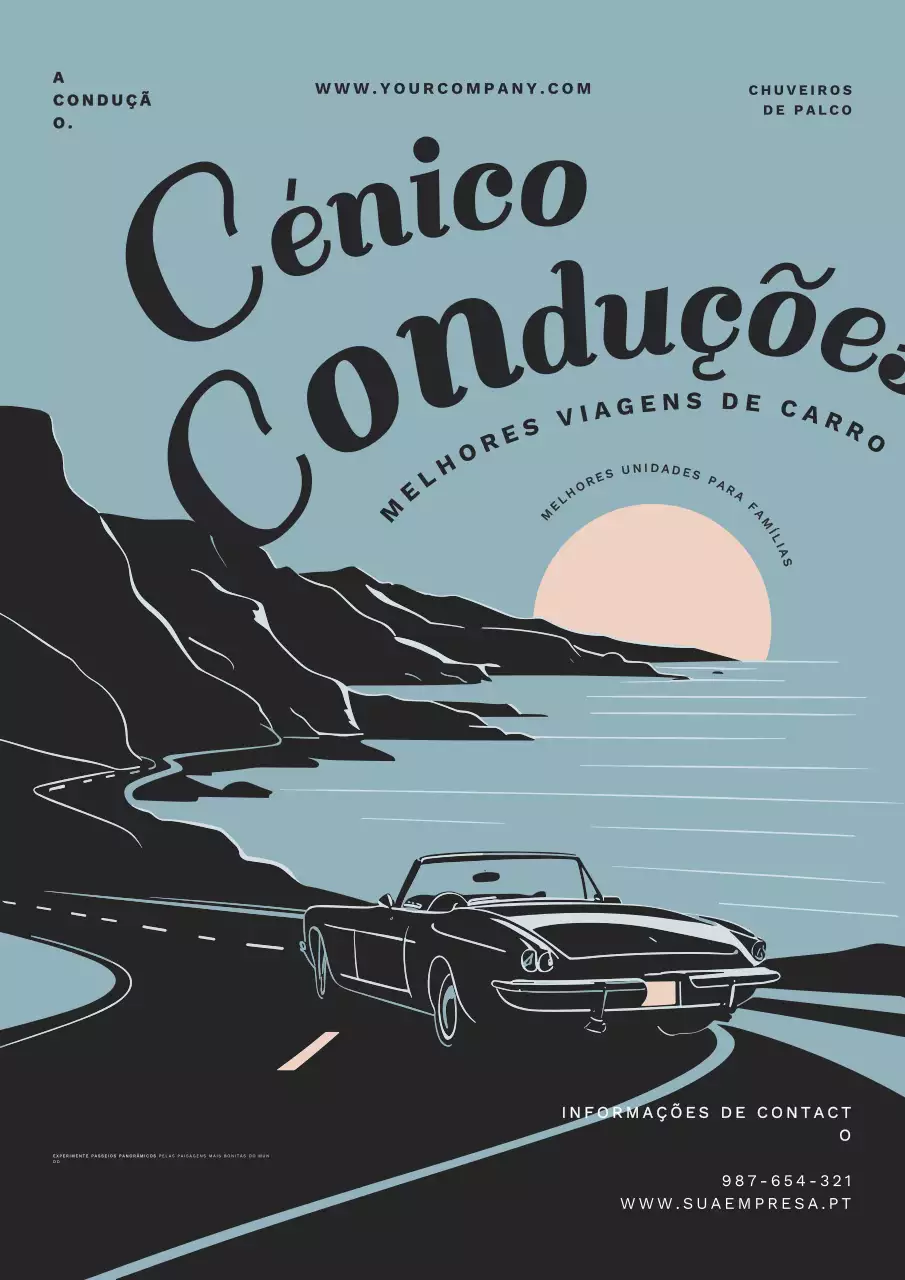 Promoção de viagem de carro com vistas panorâmicas em azul e preto