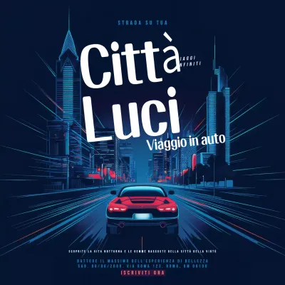 Pubblicità di un viaggio in auto con le luci della città moderna blu