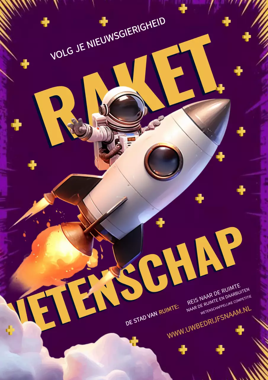 Paarse en gele poster ruimtewetenschap stijl