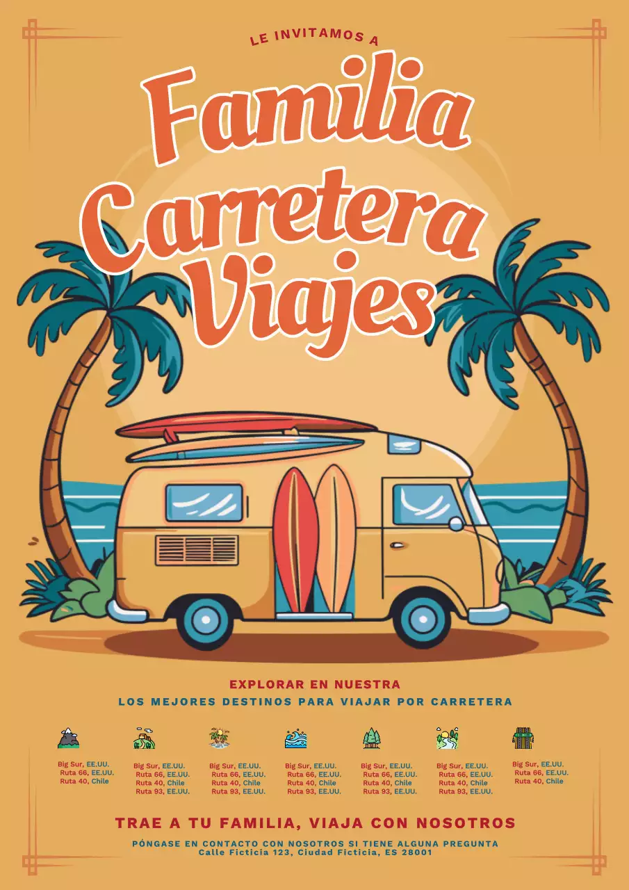 Folleto de viaje familiar en amarillo y naranja