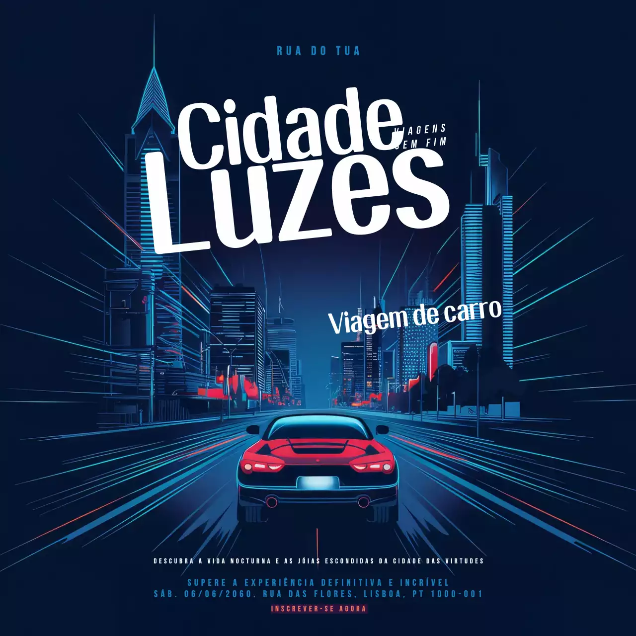 Anúncio de viagem azul moderno com luzes da cidade