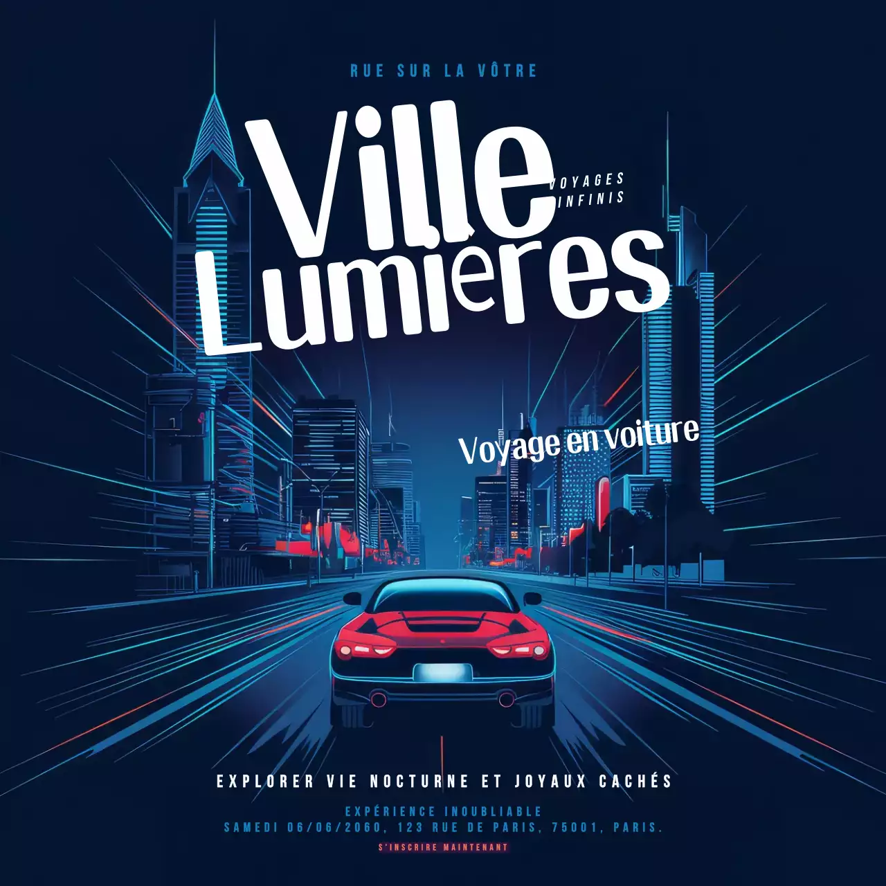 Publicité pour un voyage en voiture avec les lumières de la ville en bleu moderne