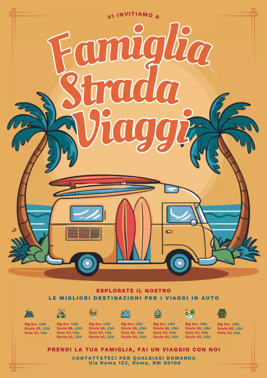 Volantino per viaggi in famiglia in pianura gialla e arancione