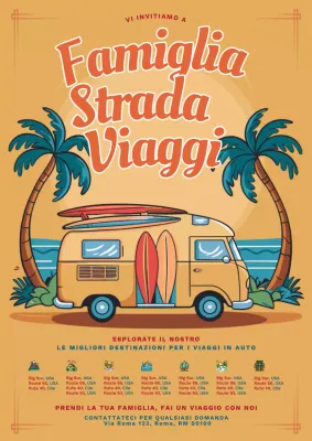 Volantino per viaggi in famiglia in pianura gialla e arancione