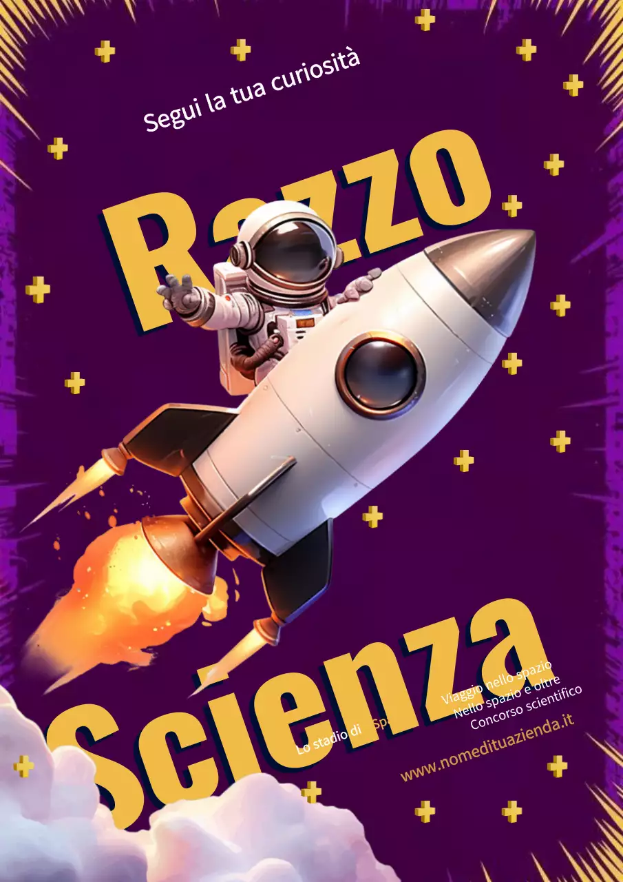 Poster viola e giallo in stile scienza spaziale