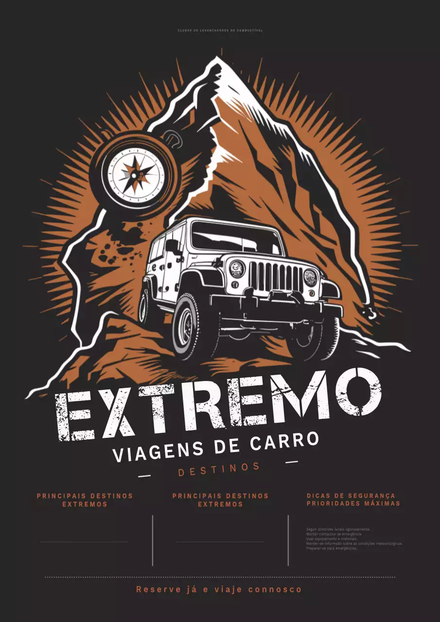 Folheto de viagens rodoviárias extremas retro a castanho e branco