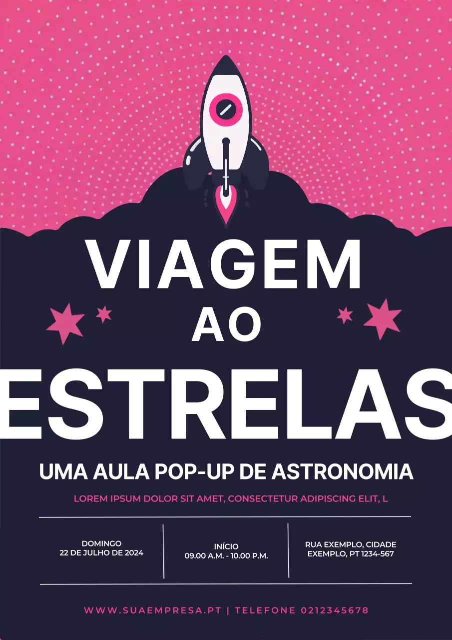 Promoção de aulas de astronomia moderna a preto e cor-de-rosa