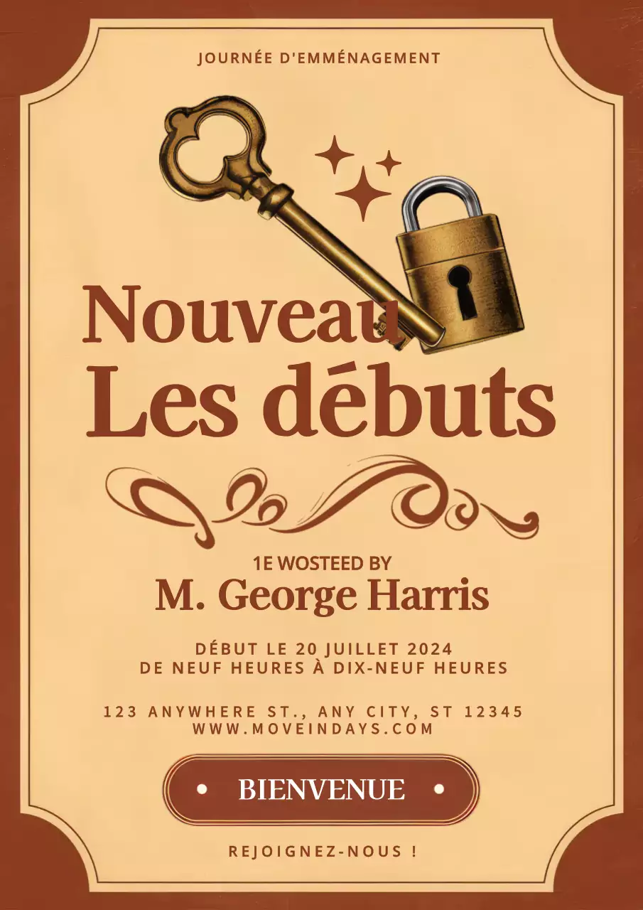 beige et marron vintage nouveau départ invitation à la journée d'emménagement