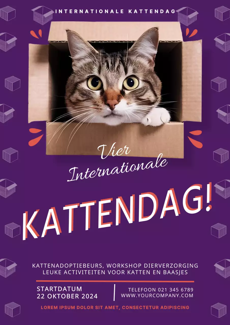 Paars en wit moderne kat dag uitnodiging