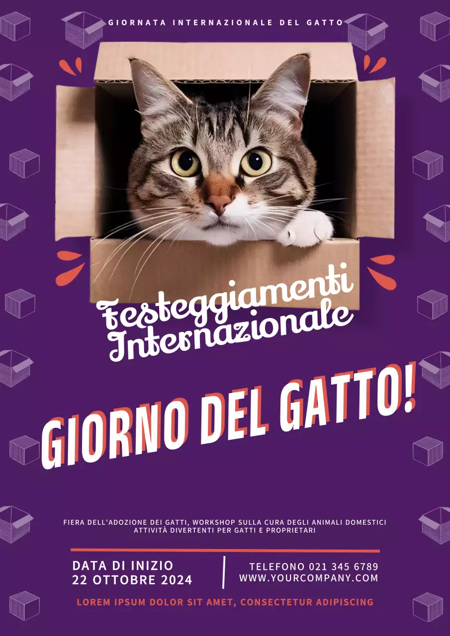 Invito per la giornata del gatto moderno in bianco e viola