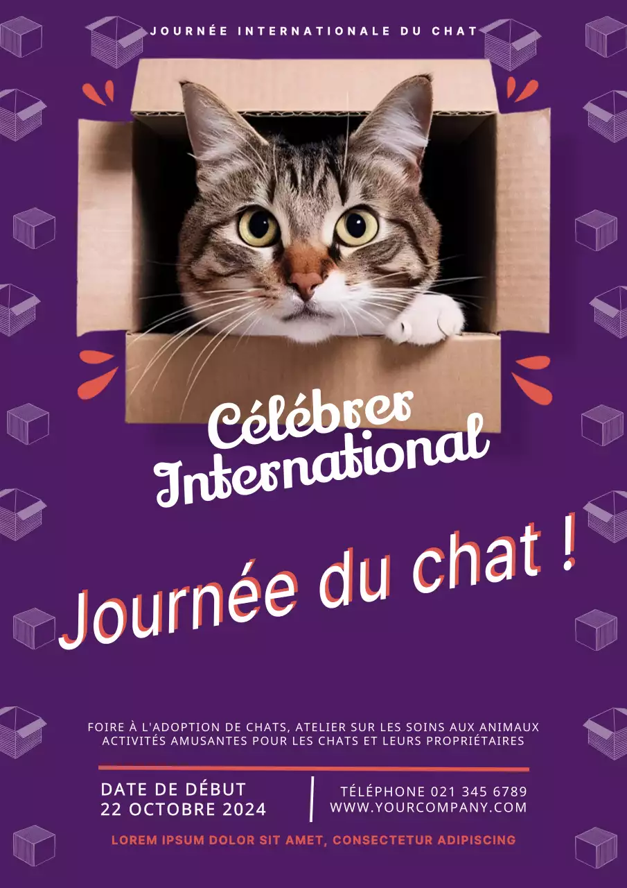 Invitation moderne à la journée du chat en violet et blanc
