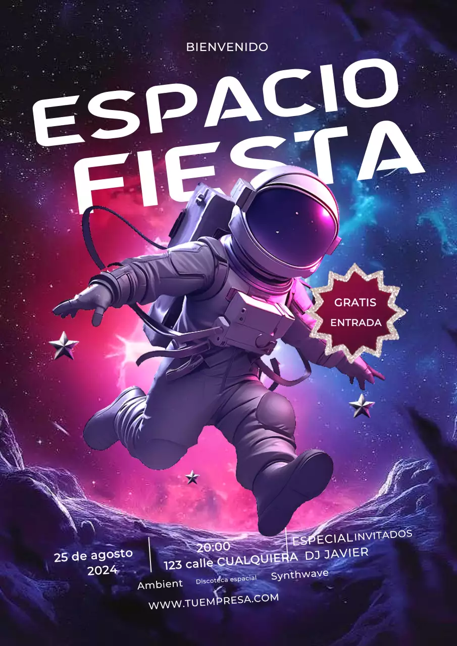 Fiesta espacial con póster rosa y azul y un astronauta