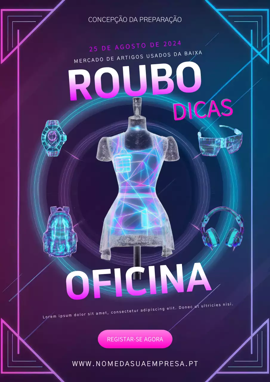 Cor púrpura neon, rosa e azul Cartaz de estilo futuro da loja de artigos usados