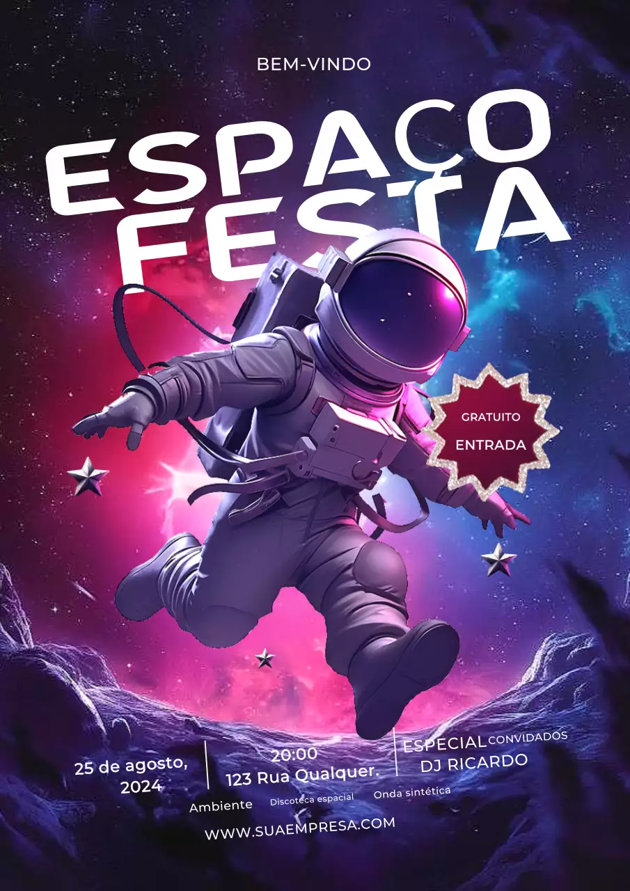 Festa espacial com poster cor-de-rosa e azul com um astronauta
