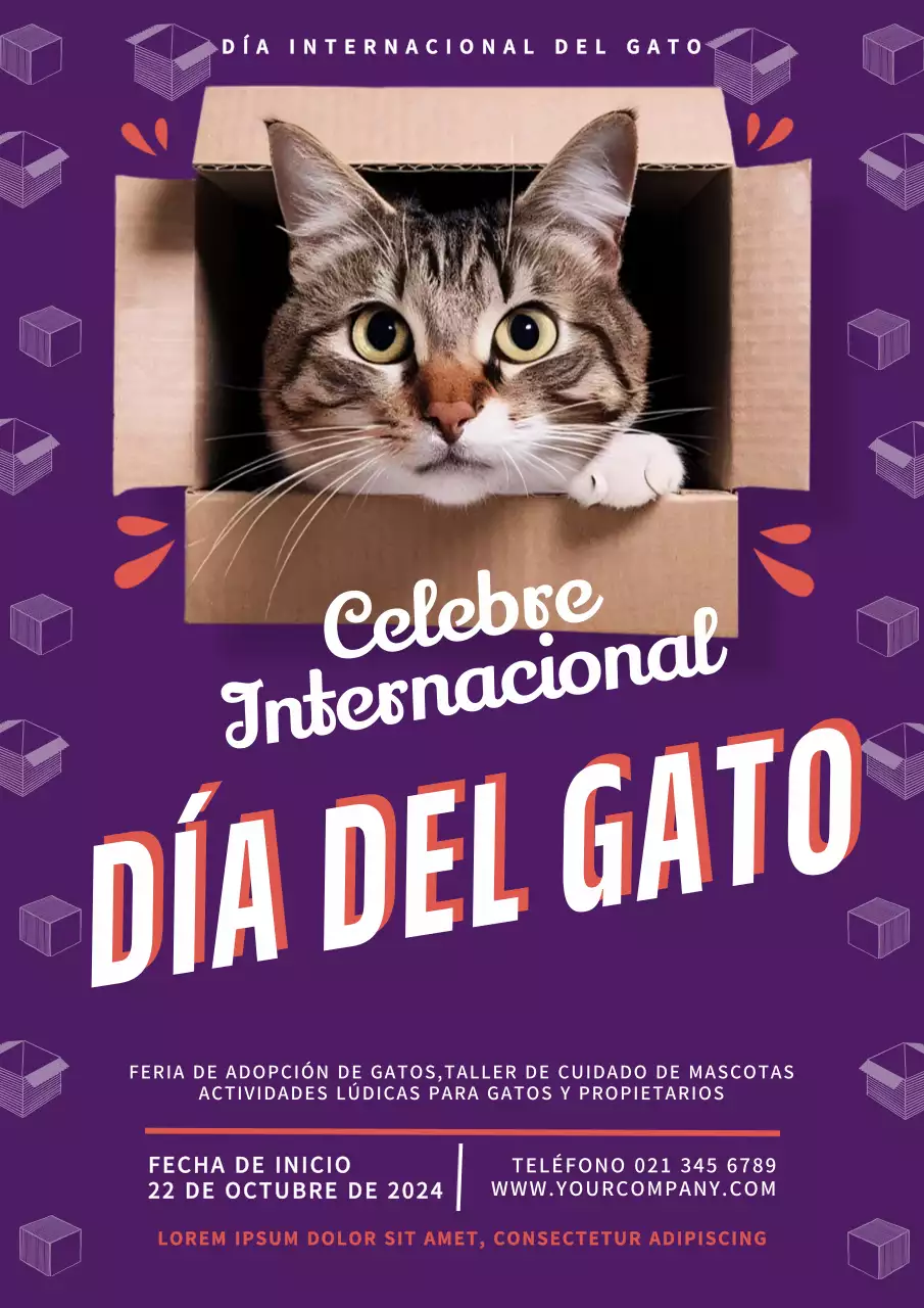 Invitación moderna para el día del gato en morado y blanco