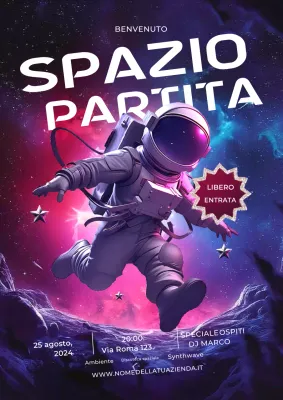 Festa spaziale con poster rosa e blu con un astronauta