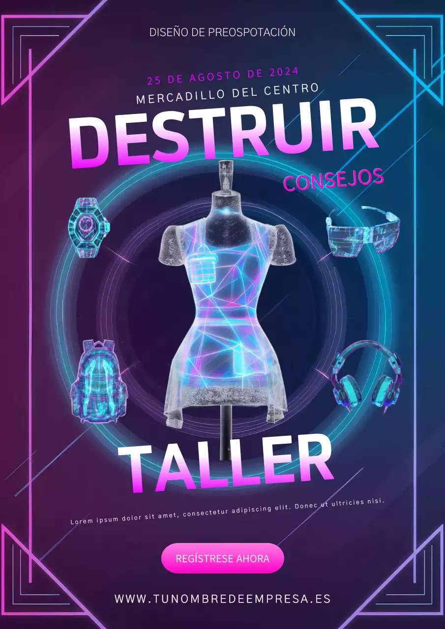 Neón púrpura rosa y azul tienda de segunda mano cartel estilo futuro