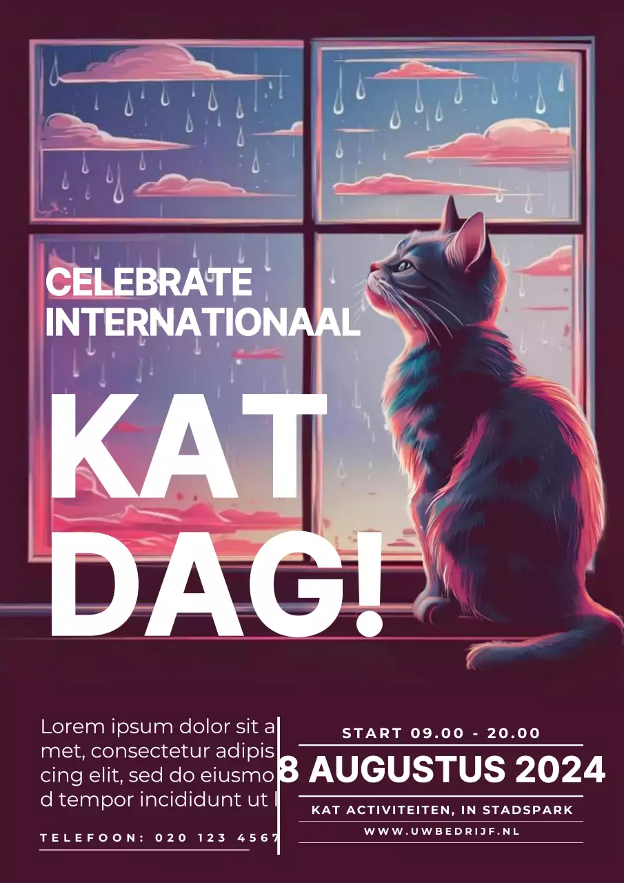 Paars en wit moderne kat dag uitnodiging