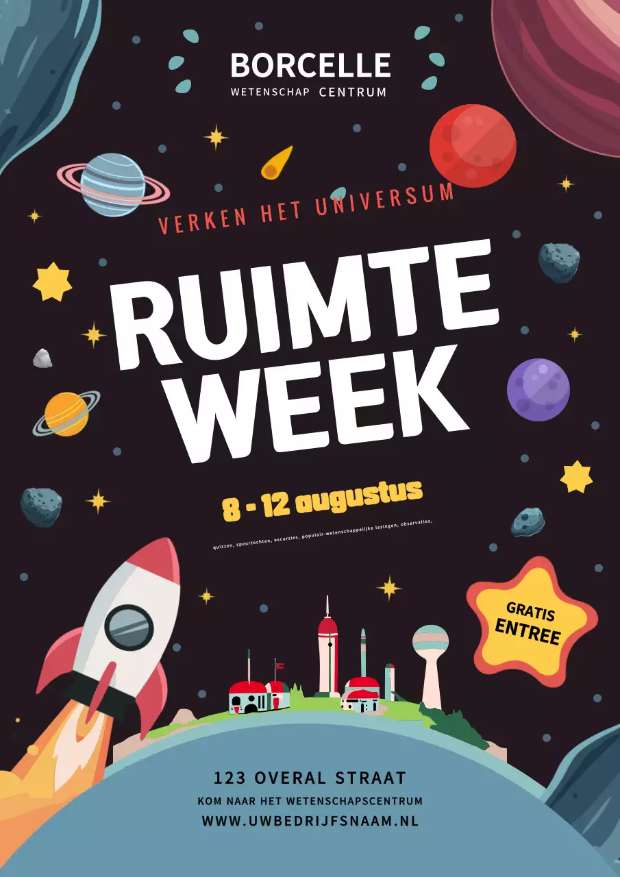 Multicolor Ruimteweek poster cartoonstijl