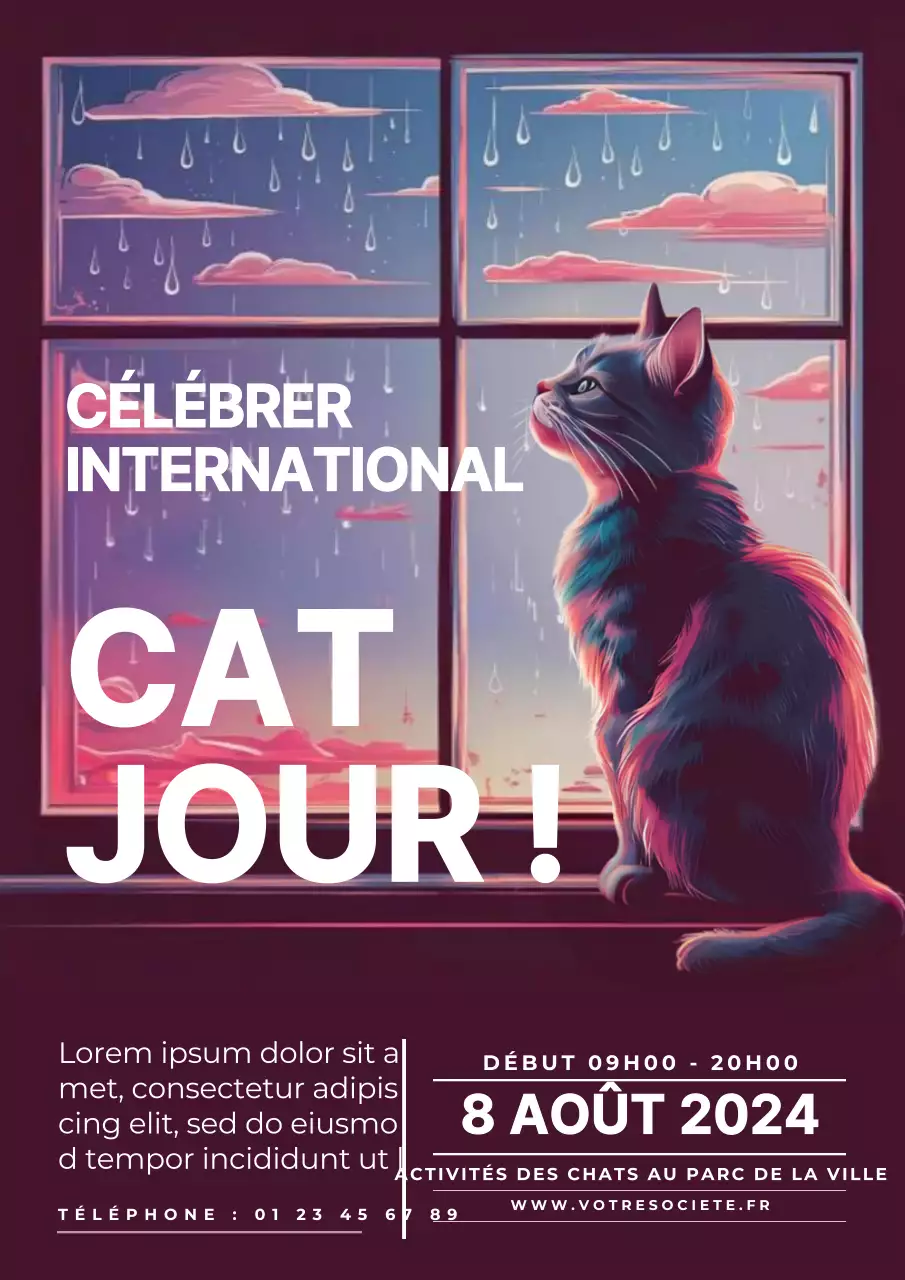 Invitation moderne à la journée du chat en violet et blanc