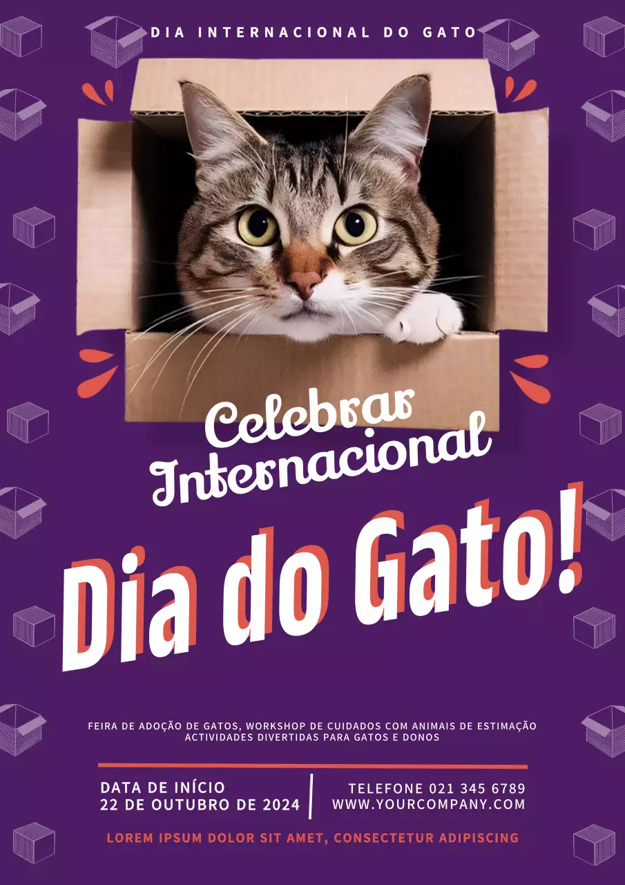 Convite moderno roxo e branco para o dia do gato