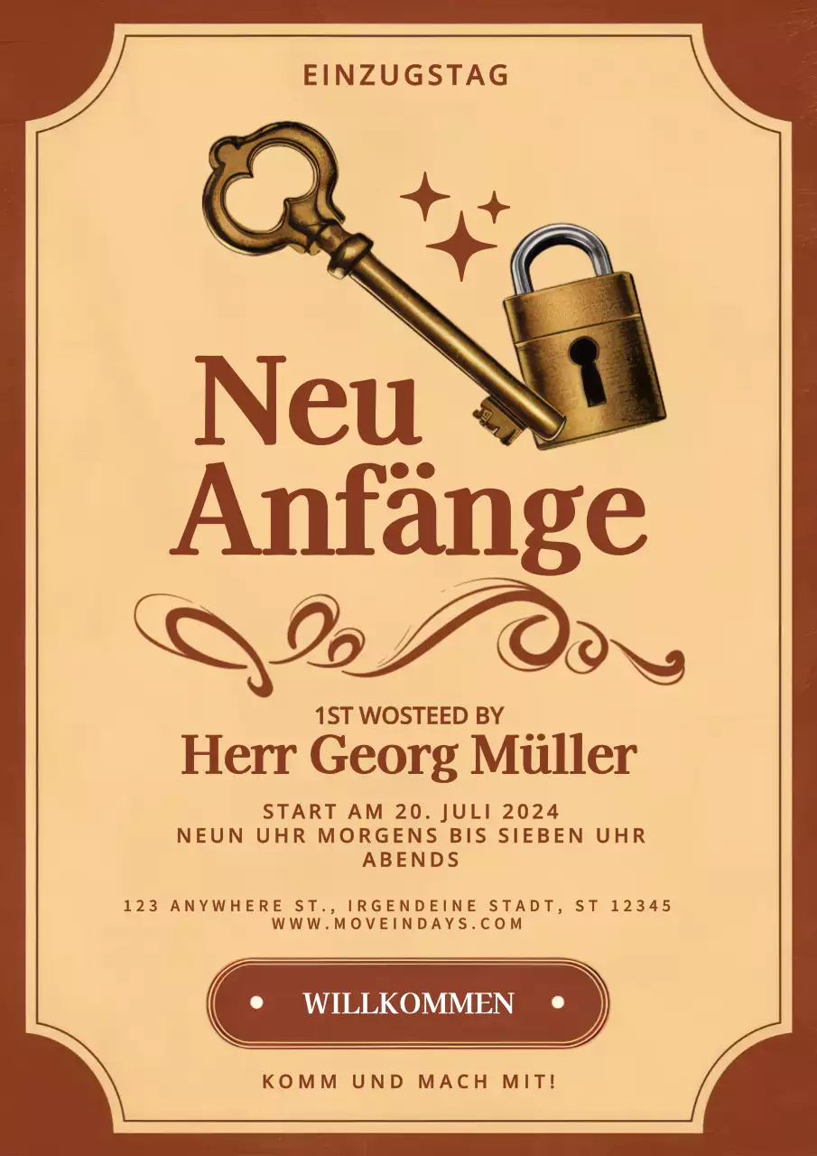 beige und braun Jahrgang neue Anfänge bewegen in Tag Einladung