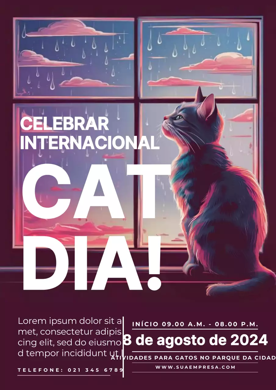 Convite moderno roxo e branco para o dia do gato