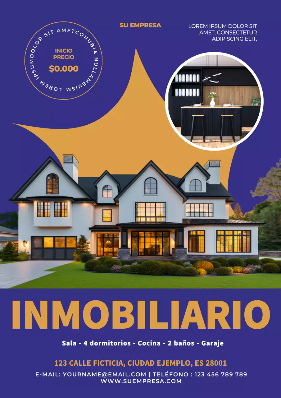 promoción inmobiliaria moderna en morado y amarillo