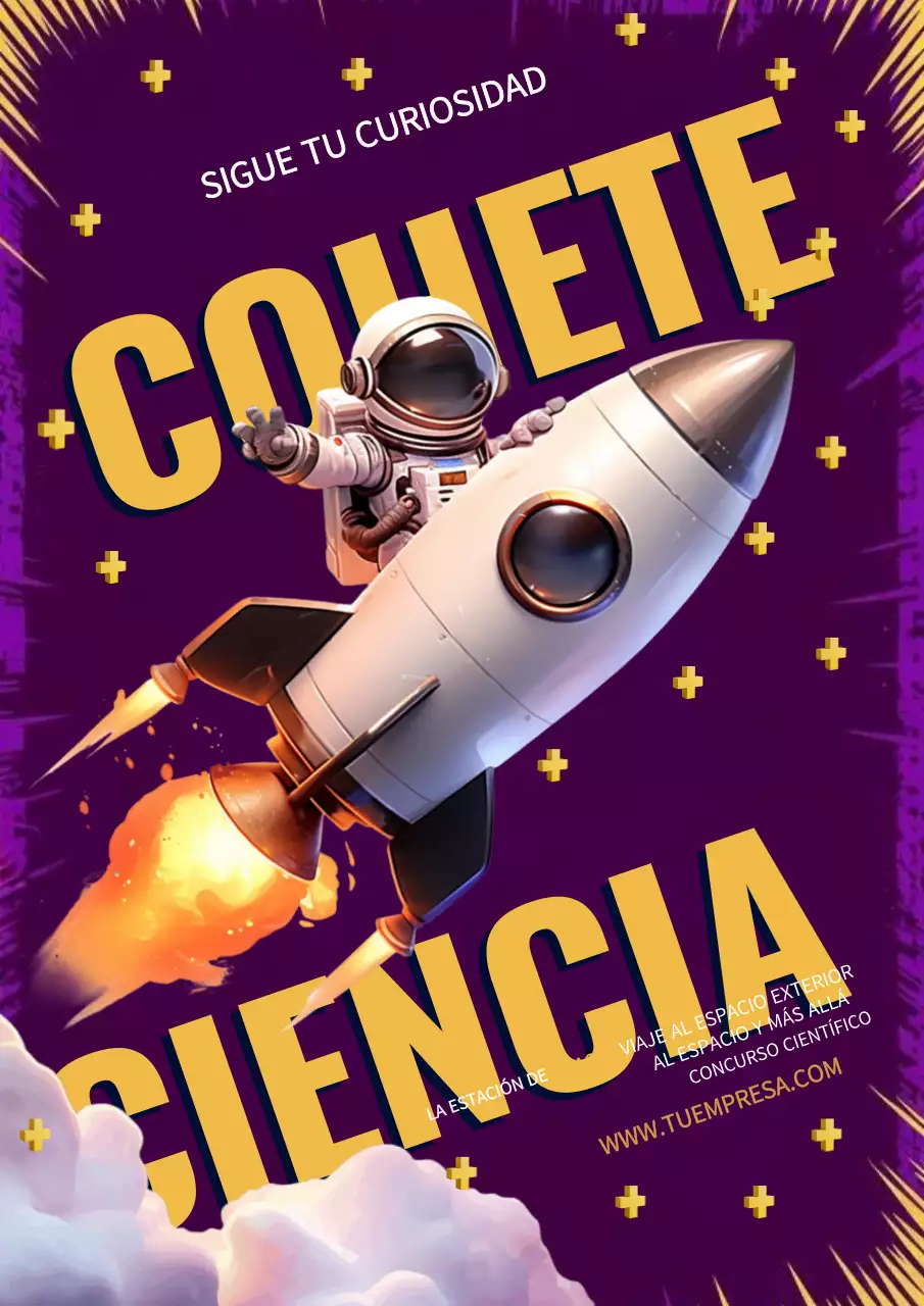 Póster morado y amarillo estilo ciencia espacial