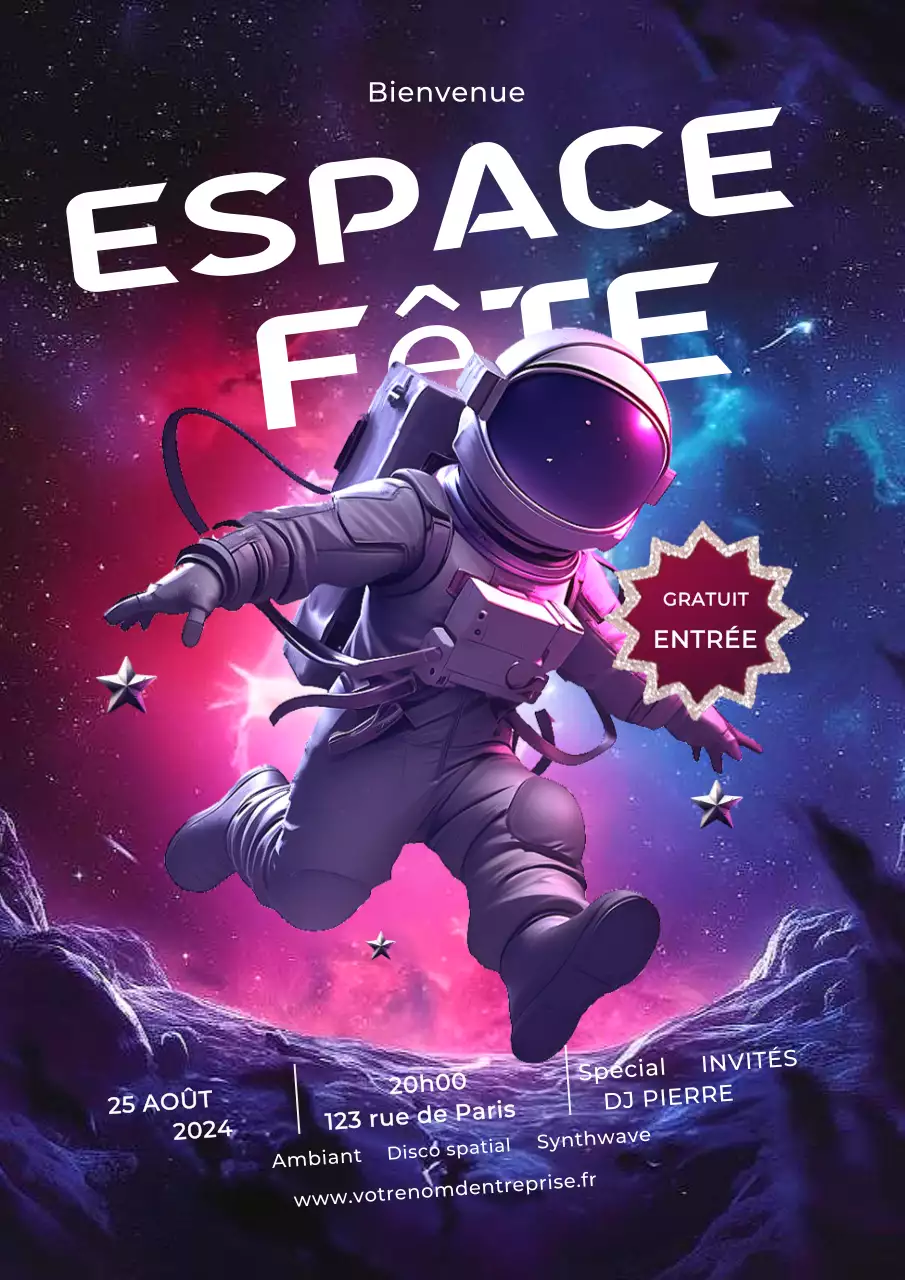 Poster rose et bleu fête de l'espace avec un astronaute