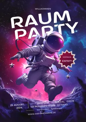 Rosa und blaues Poster Weltraumparty mit einem Astronauten