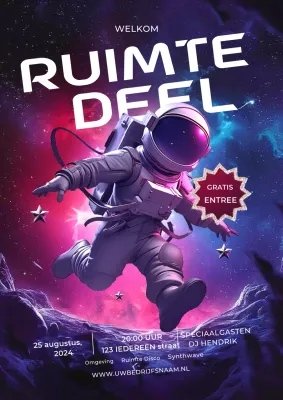 Roze en blauwe poster ruimtefeest met een astronaut