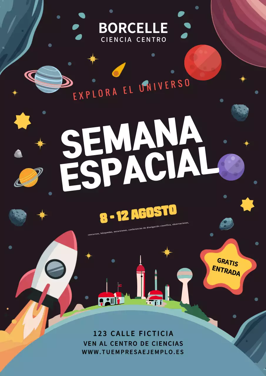 Póster multicolor de la Semana Espacial en estilo cartoon