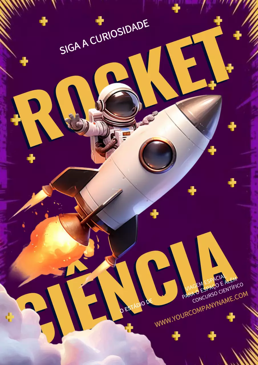 Cartaz roxo e amarelo estilo ciência espacial