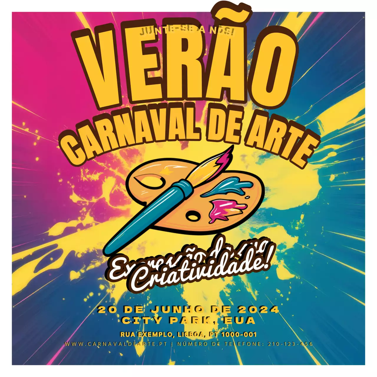 convite carnavalesco arte pop verão amarelo e azul