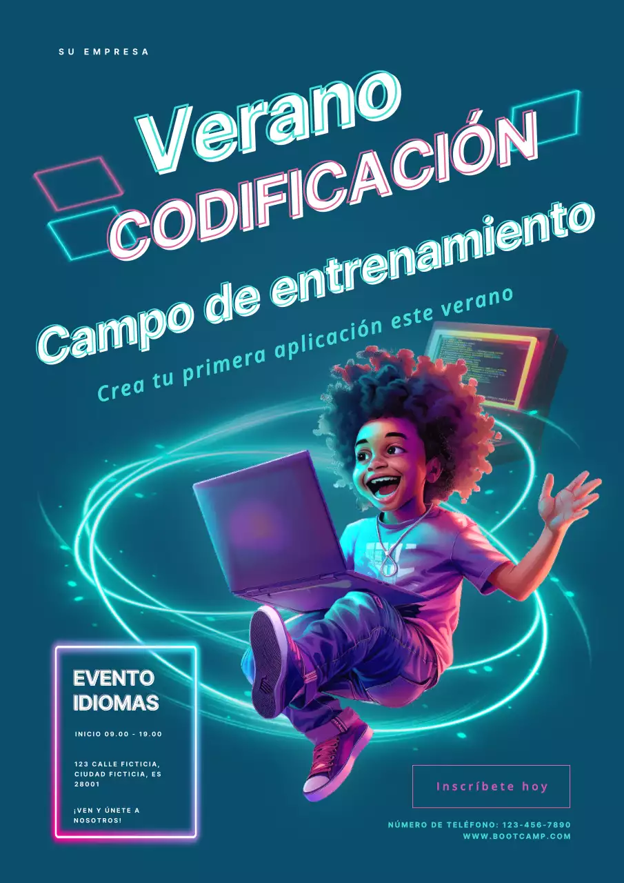 invitación a un campamento de verano de codificación moderno en azul marino y azul