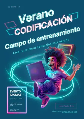 invitación a un campamento de verano de codificación moderno en azul marino y azul