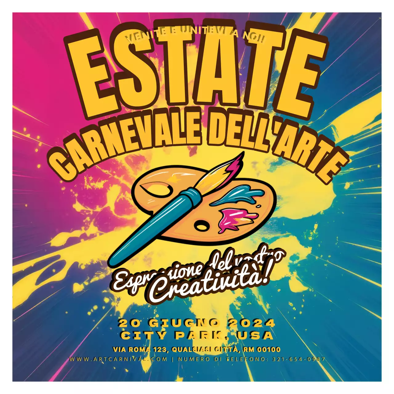 invito di carnevale estivo pop art giallo e blu