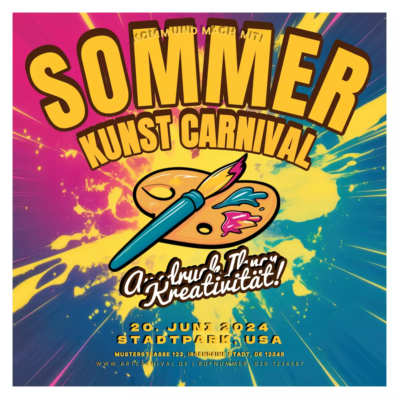Gelb und Blau Pop Sommer Kunst Karneval Einladung