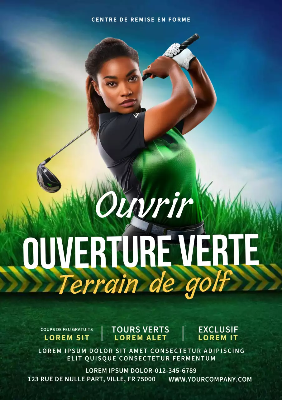 Publicité simple pour le golf en vert et jaune