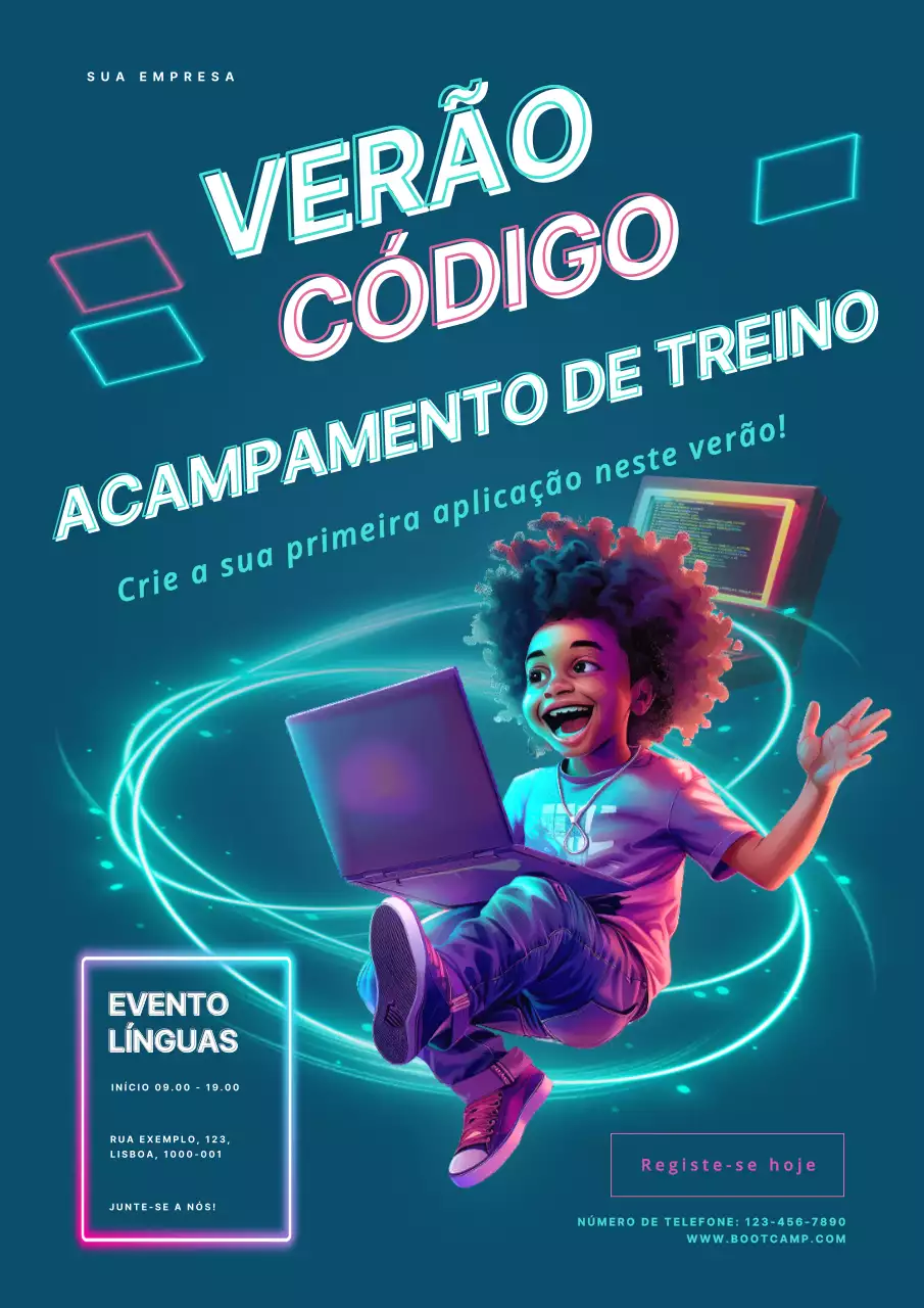 convite para bootcamp de codificação de verão moderno em azul-marinho e azul